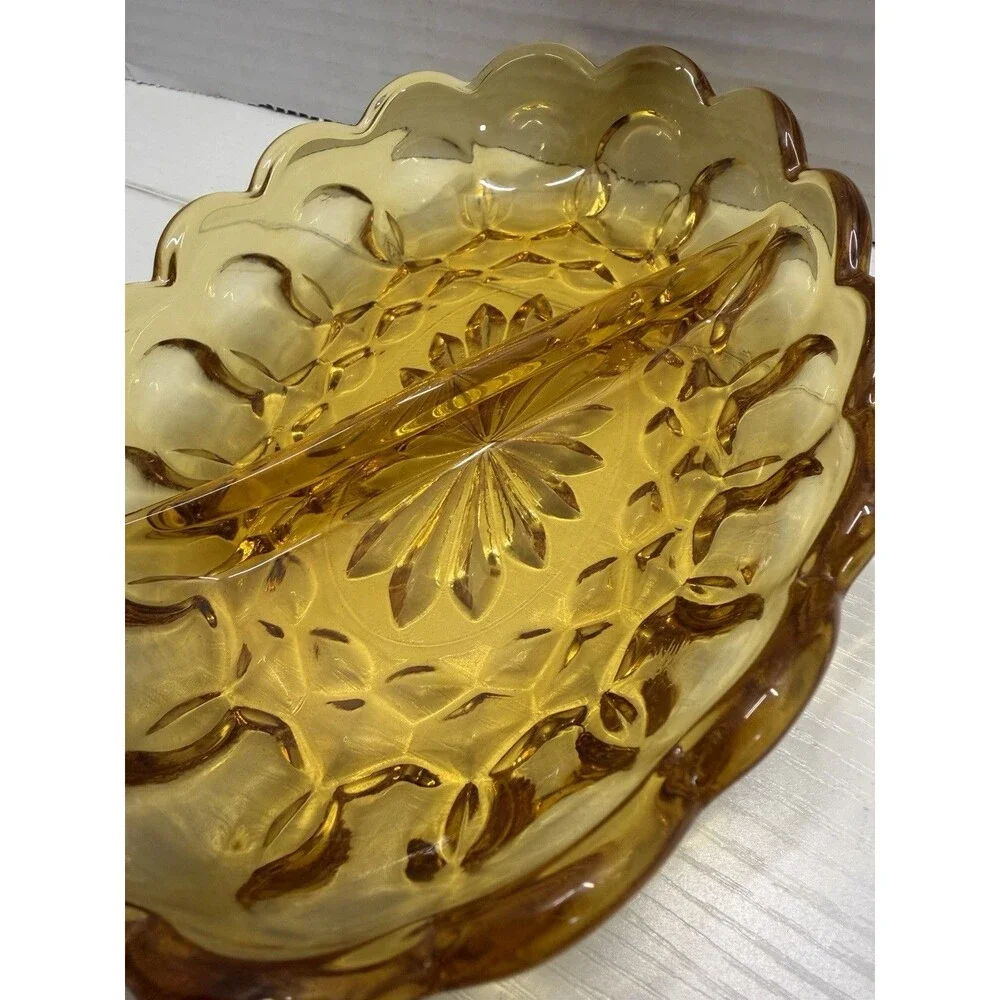 Vintage Anchor Hocking Fairfield Amber Glass Divided Relish Candy Dish